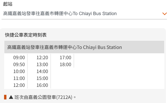 高鐵嘉義站接駁車 7212高鐵站到嘉義車站、故宮南院，7211高鐵站到嘉義公園