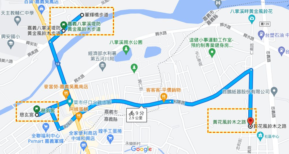 嘉義景點 黃花風鈴木步道 八掌溪堤防、軍輝橋、慈玄宮、仁義路 嘉義最壯觀的黃金隧道